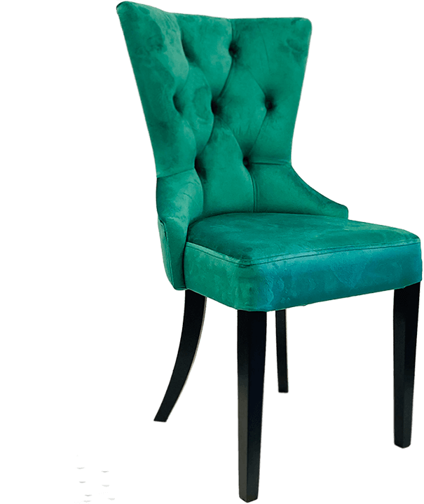 Jest to zdjęcie nagłówkowe ze strony oficjalnego sklepu producenta stołów i krzeseł. Krzesło tapicerowane zielonym welurem z czarnymi nogami na bezbarwnym tle.